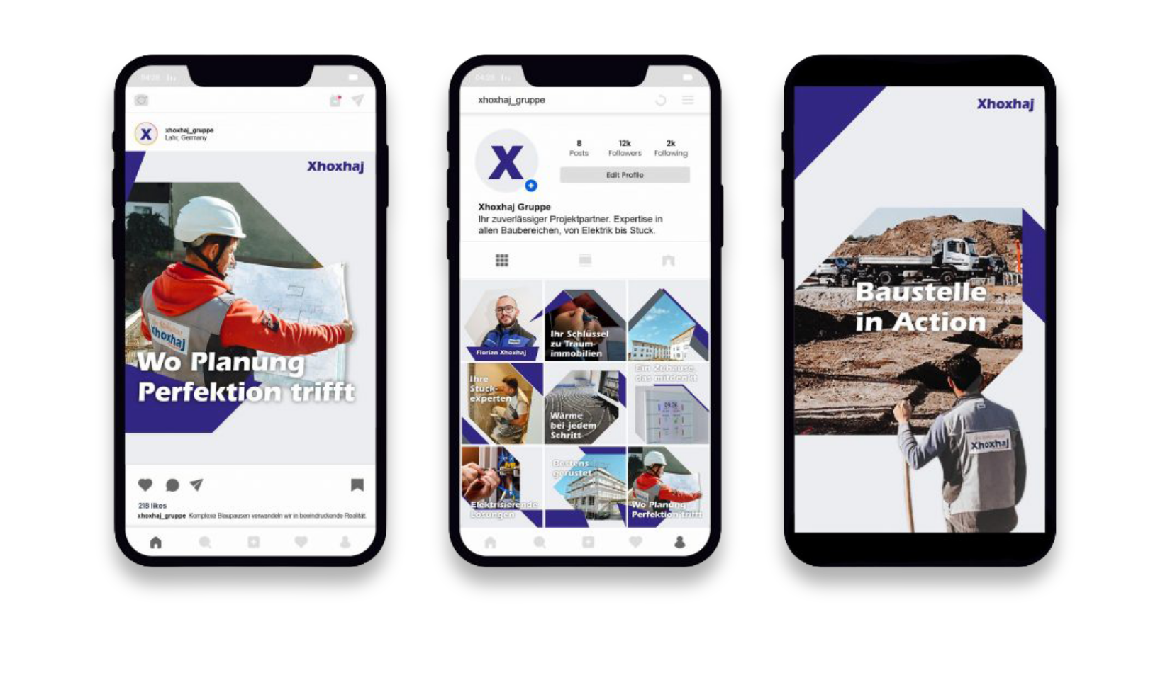 Instagram-Einblicke der Xhoxhaj Gruppe auf drei Smartphones